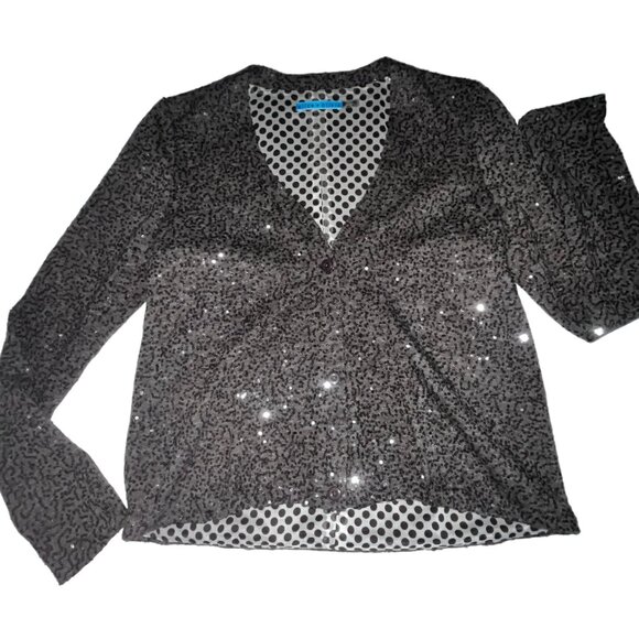 Alice + Olivia Sequined Brown Sweater Top Silk Lined Polka Dot Button Down Blous - Picture 1 of 8